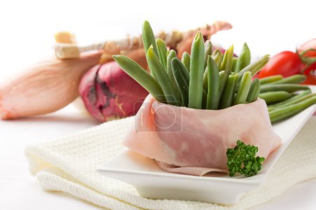 French Beans with wrapped ham
