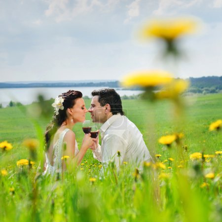 Wedding couple kissing on a grass