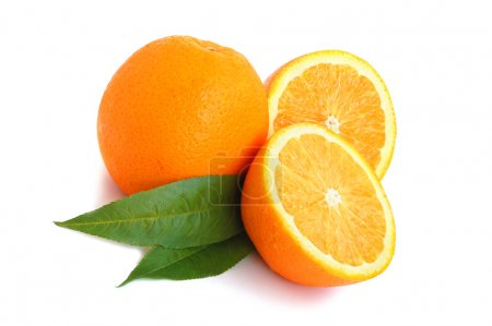 ripe orange fruit with green leaves on a white background. 