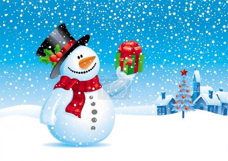 Christmas vector illustration - Snowman with gift for you