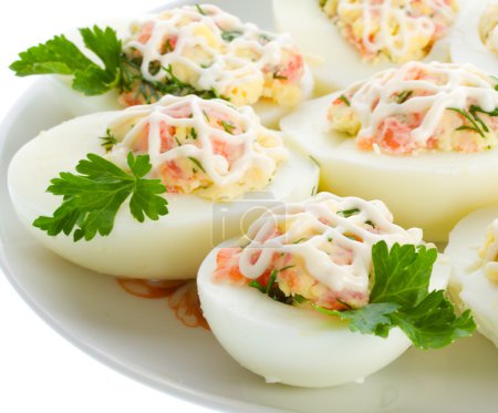 Close-up stuffed eggs with trout