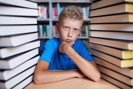 Serious schoolboy surrounded by books