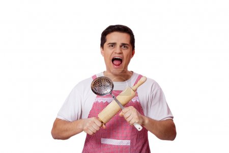 Cooking man with kitchenware over white background