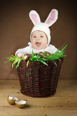 Funny Easter bunny in the basket