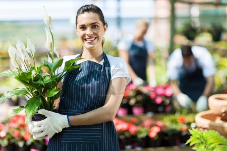 Happy female nursery owner with pot of flowers inside greenhouse