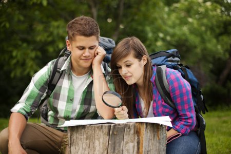 Young couple with map in forest