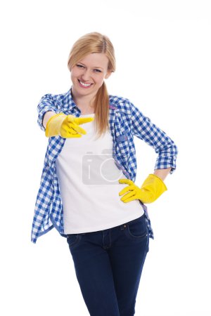 Female cleaner pointing finger at camera