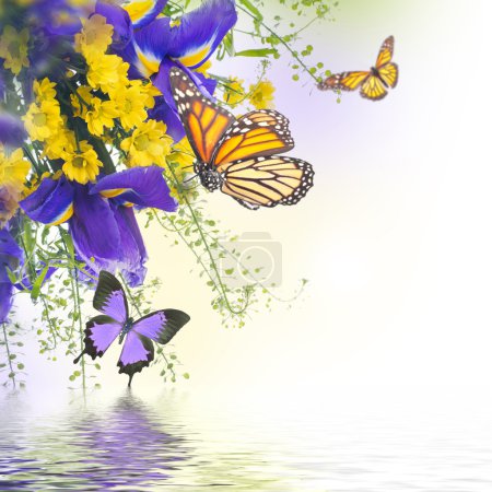Blue irises with yellow daisies with butterflies
