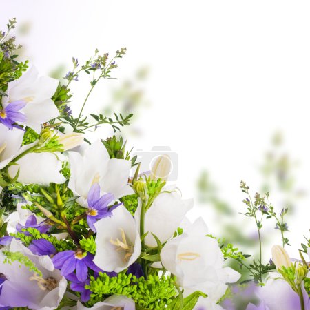 Bouquet of white and blue bells on a white background