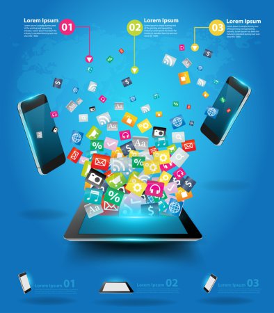 Creative tablet computer with mobile phones cloud of colorful application icon