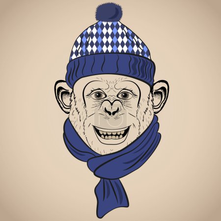 Hand Drawn Vector Illustration of Funny Monkey  in Knitted Scarf and Hat. Hipster vintage style