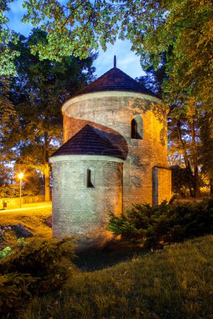 Night view of the Romanesque St Nicholas Rotunda on Castle Hill in Cieszyn, Poland One of the oldest romanesque monuments in Polish This Rotunda is shown on 20 polish zloty banknote reverse