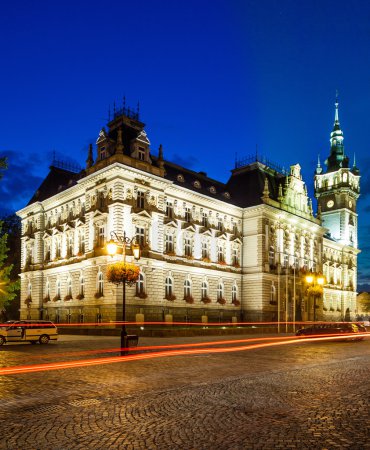 Night view of the Neo-Renaissance town hall in Bielsko-Biala, Poland