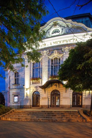Night view of the Art Nouveau, Adam Mickiewicz name theater in Cieszyn, Poland