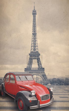 Eiffel Tower and red car with retro vintage style filter effect.