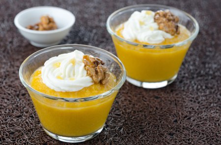 Pudding with pumpkin and mango closeup horizontal