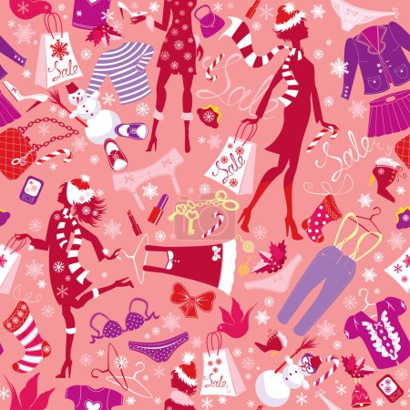 Seamless pattern in pink colors - Silhouettes of fashionable gir
