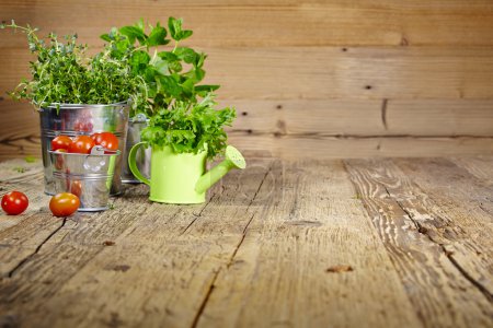 Mint leaves on wooden table 