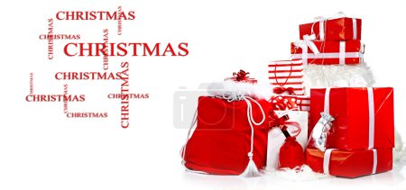 Pillar of boxes with presents wrapped in red paper, isolated on