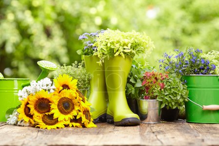 Outdoor gardening tools and flowers 