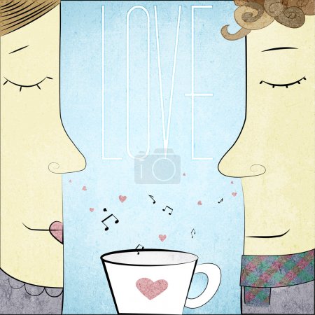 Vector Couple in Love with cup of notes and hearts