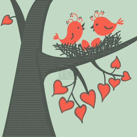 Bird on a branch in love. Vector illustration.