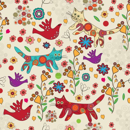 Vector folk background with cats.