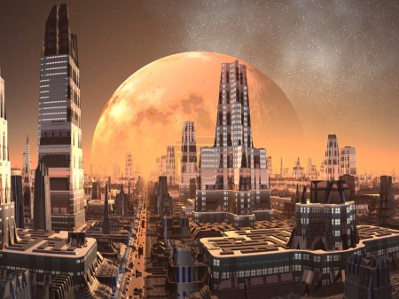 Planet-rise over Alien City of the Future