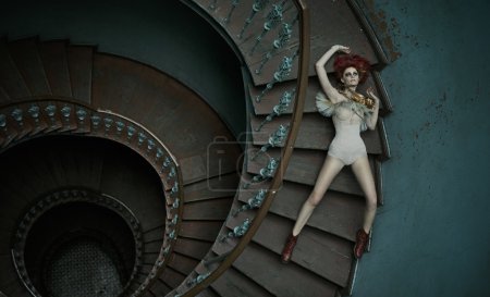 Art picture of woman falling on the stairs