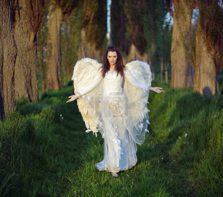Marvelous woman-angel in the forest