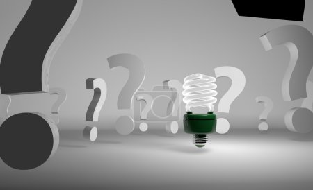 Picture of light bulb among question marks