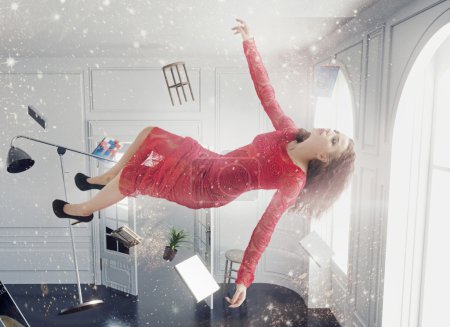 Levitating young woman in magical interior
