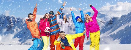 Panoramic photo of cheerful snowboarders