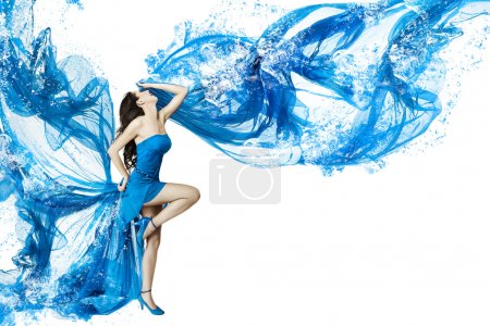 Woman dance in blue water dress dissolving in splash.