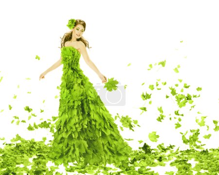 Fantasy beauty, fashion woman in seasons spring leaves dress. Creative beautiful girl in green summer gown, over white background