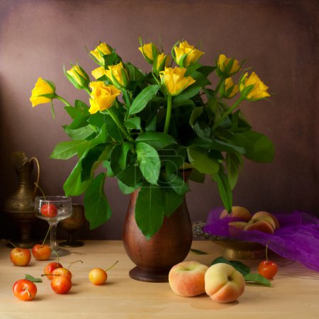 Classical still life with yellow roses and fruits