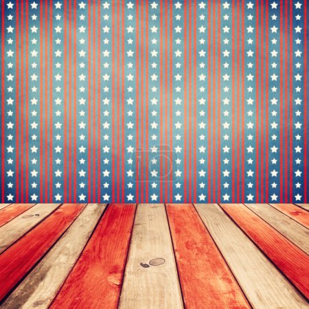 Wooden table over USA flag