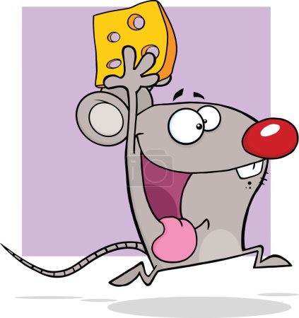 Gray Mouse Cartoon Mascot Character Running With Cheese