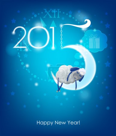 Happy New Year 2015. Original Christmas card. Sheep sleeps on a 