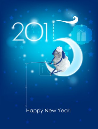 Happy New Year 2015. Original Christmas card. Sheep fishing
