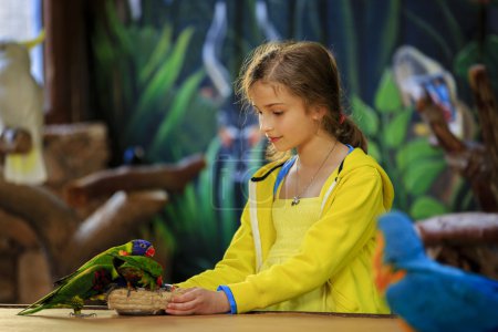 Trip to the Zoo - girl feeds a parrots at the Zoo