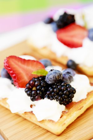 Waffles and fresh seasonal fruits with whipped cream