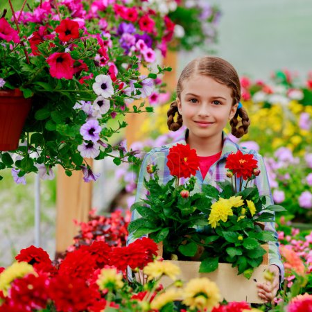 Planting, garden flowers - girl shopping plants and flowers in garden center