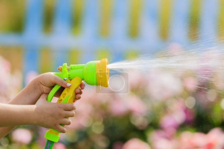 Watering, flower garden - child watering roses with garden hose 