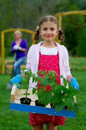 Gardening, planting concept - lovely girl working in the garden