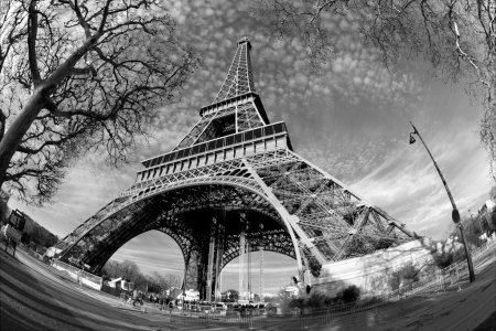 Streets of Paris in black and white. Eiffel Tower