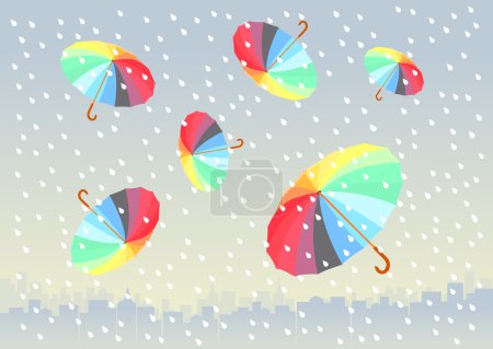 Five colorful umbrellas flying under big city. it is raining.