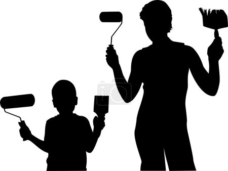 Mother with child with repair tool silhouette vector