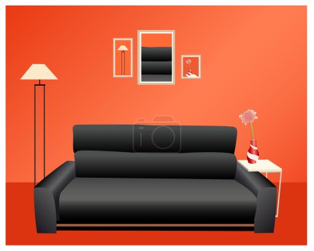 Black sofa on red wall vector