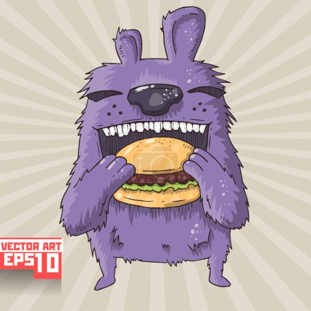 Purple rabbit eating a hamburger